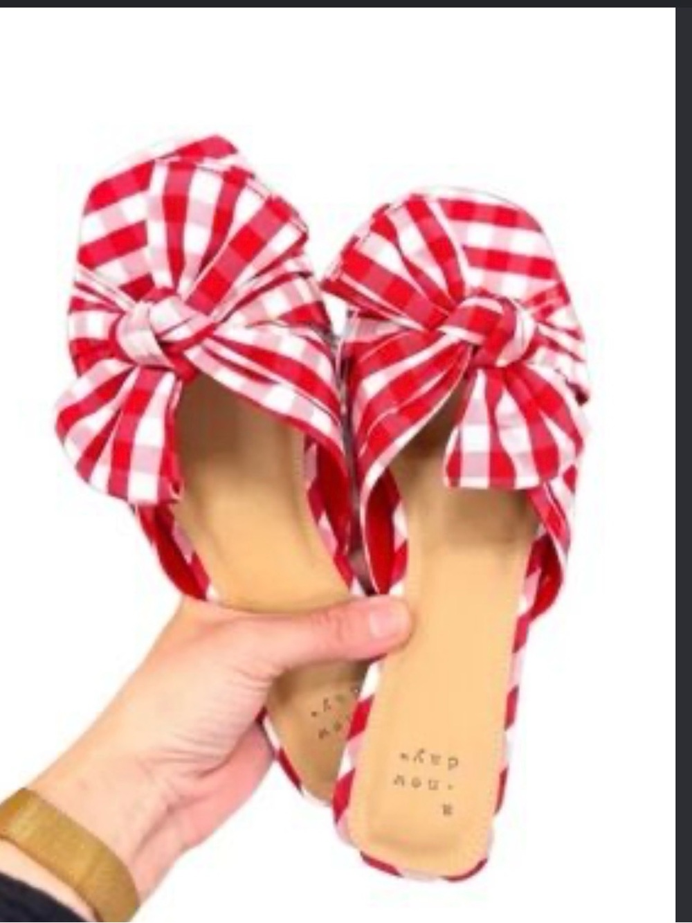 NWOT A New Day red and white gingham bow flat slide sandals , size 8